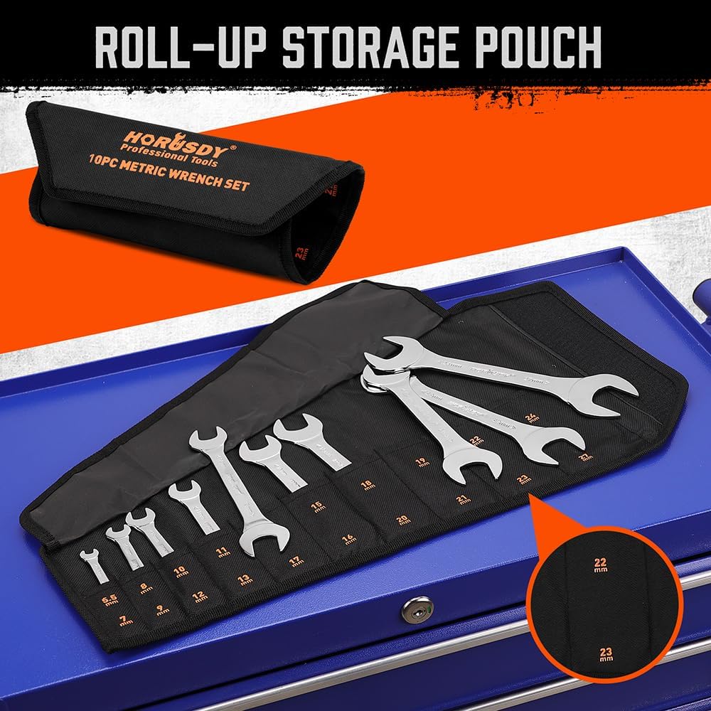 HORUSDY 10-piece super-thin open-end wrench set with dual-size metric spanners and roll-up storage pouch for tight spaces