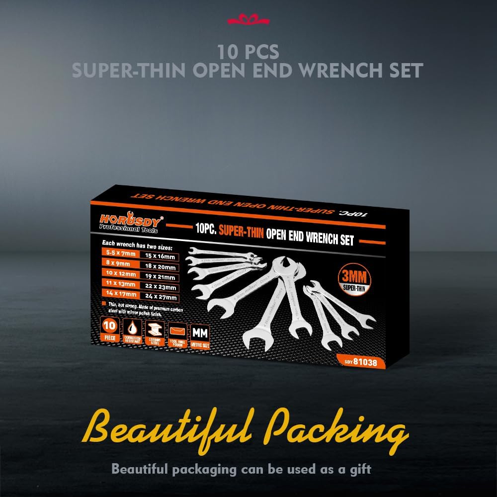 HORUSDY 10-piece super-thin open-end wrench set with dual-size metric spanners and roll-up storage pouch for tight spaces