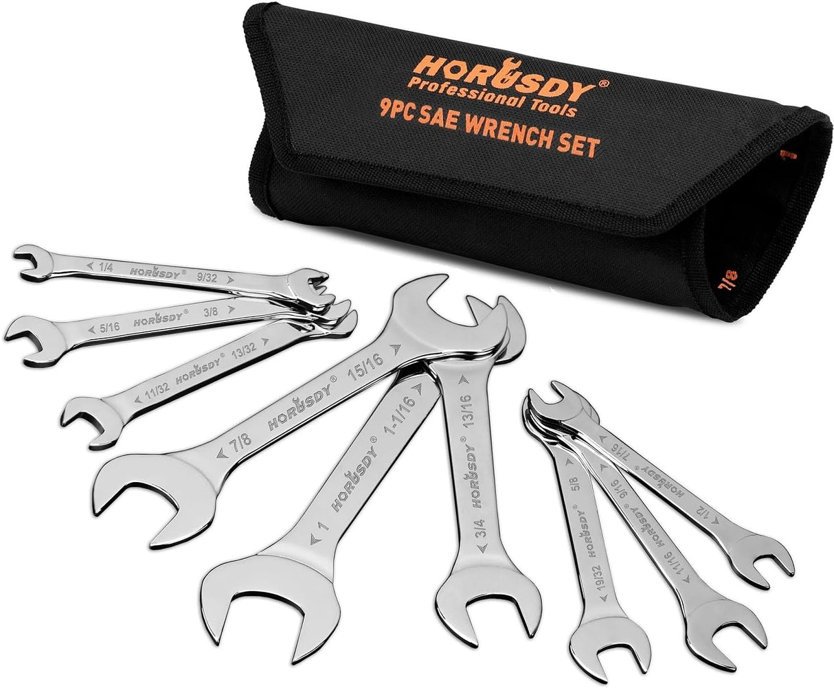 HORUSDY super-thin open end wrench set with 3mm slim design, 18 SAE sizes, carbon steel, and roll-up storage pouch