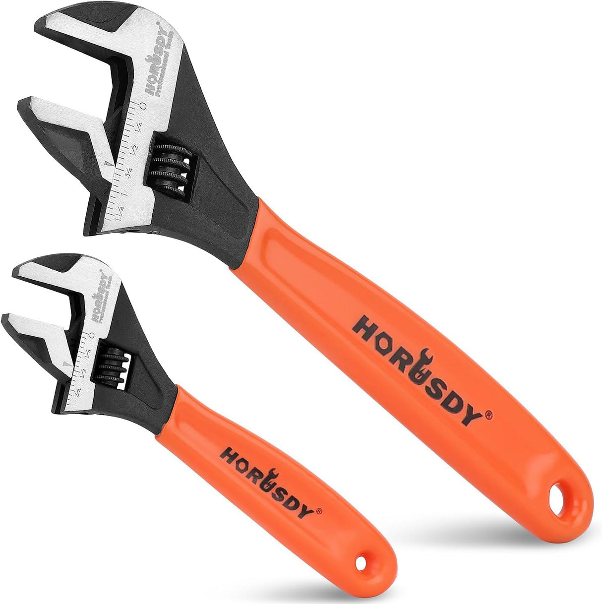 HORUSDY 2-piece adjustable wrench set with CR-V steel construction, wide jaw capacity, and ergonomic orange handle