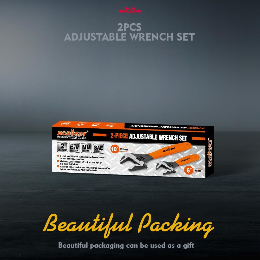 HORUSDY 2-piece adjustable wrench set with CR-V steel construction, wide jaw capacity, and ergonomic orange handle