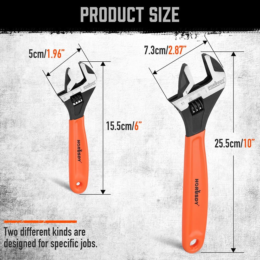 HORUSDY 2-piece adjustable wrench set with CR-V steel construction, wide jaw capacity, and ergonomic orange handle