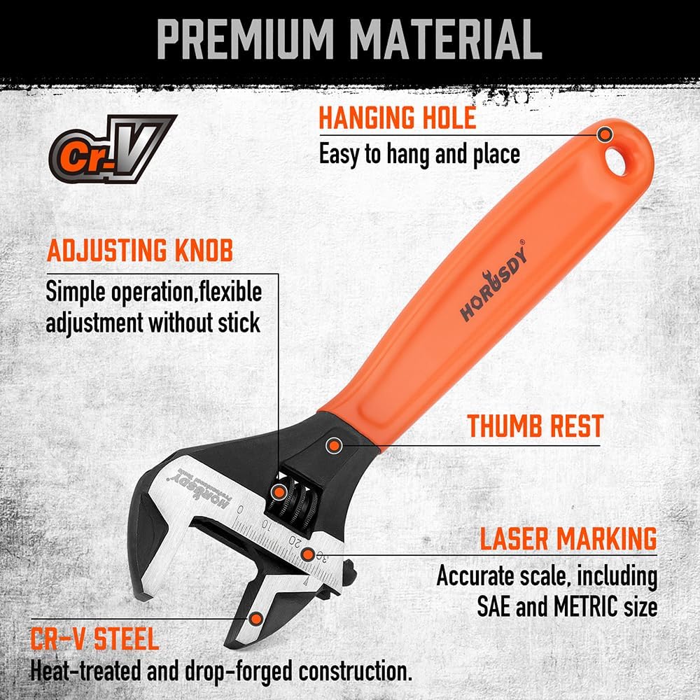 HORUSDY 2-piece adjustable wrench set with CR-V steel construction, wide jaw capacity, and ergonomic orange handle