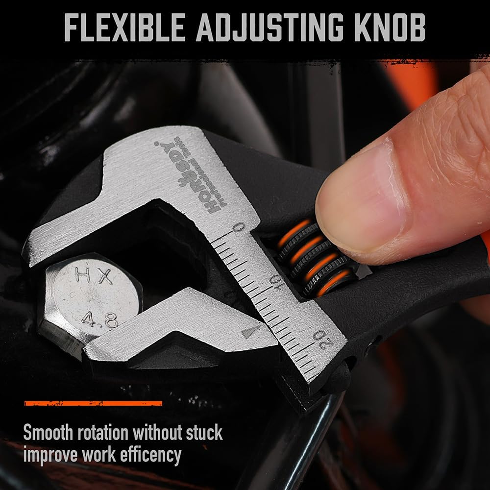 HORUSDY 2-piece adjustable wrench set with CR-V steel construction, wide jaw capacity, and ergonomic orange handle