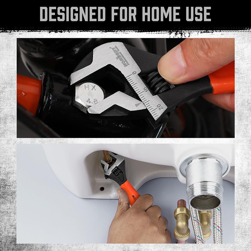 HORUSDY 2-piece adjustable wrench set with CR-V steel construction, wide jaw capacity, and ergonomic orange handle