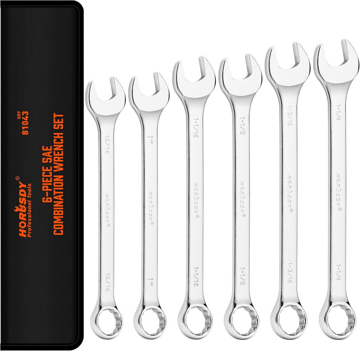 HORUSDY SAE combination wrench set with 6 large sizes, 12-point box end, polished CR-V steel, and roll-up storage pouch