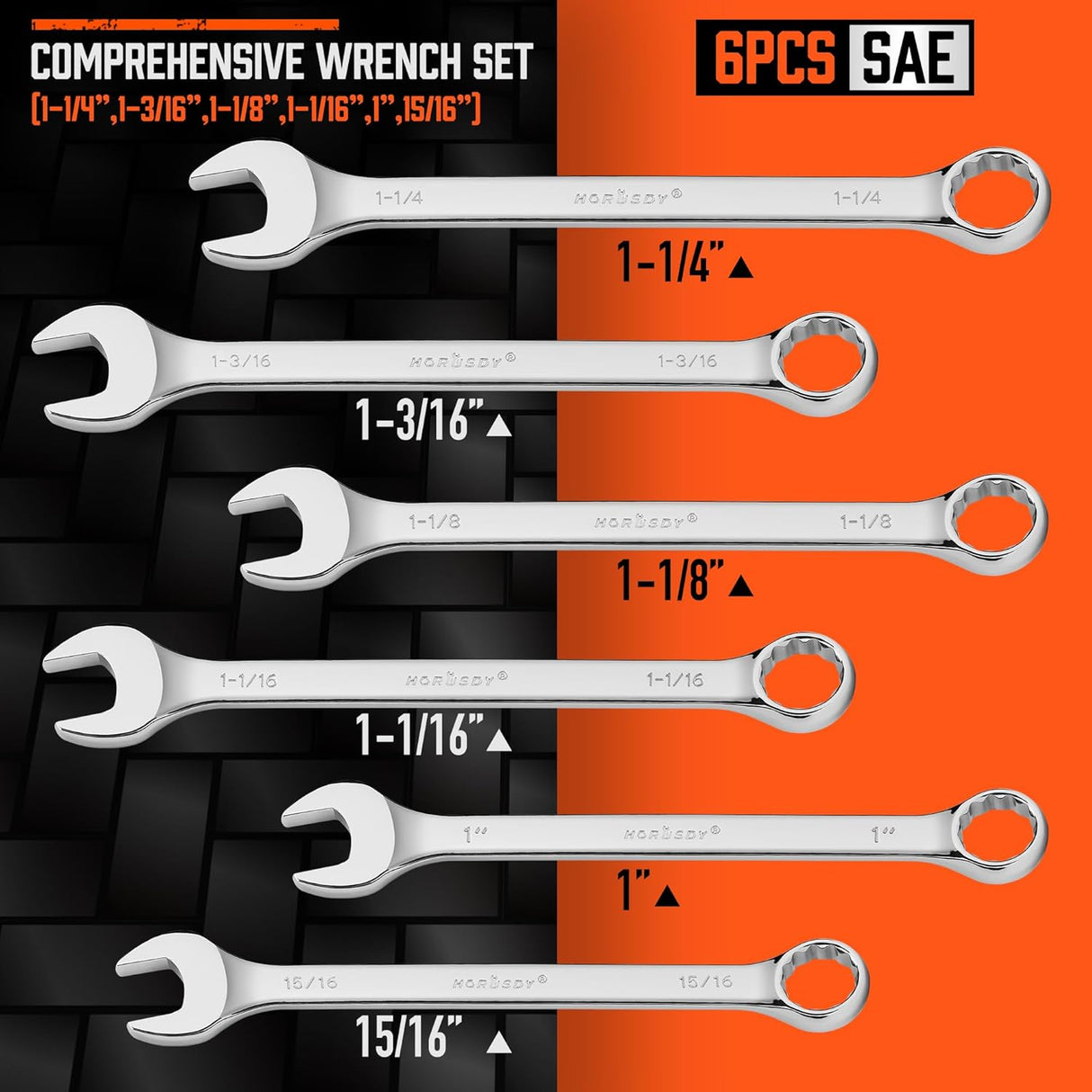 HORUSDY 6-Piece SAE Long Pattern Combination Wrench Set, 12-Point CR-V Steel, Large Sizes (15/16–1-1/4 Inch) with Roll-Up Pouch