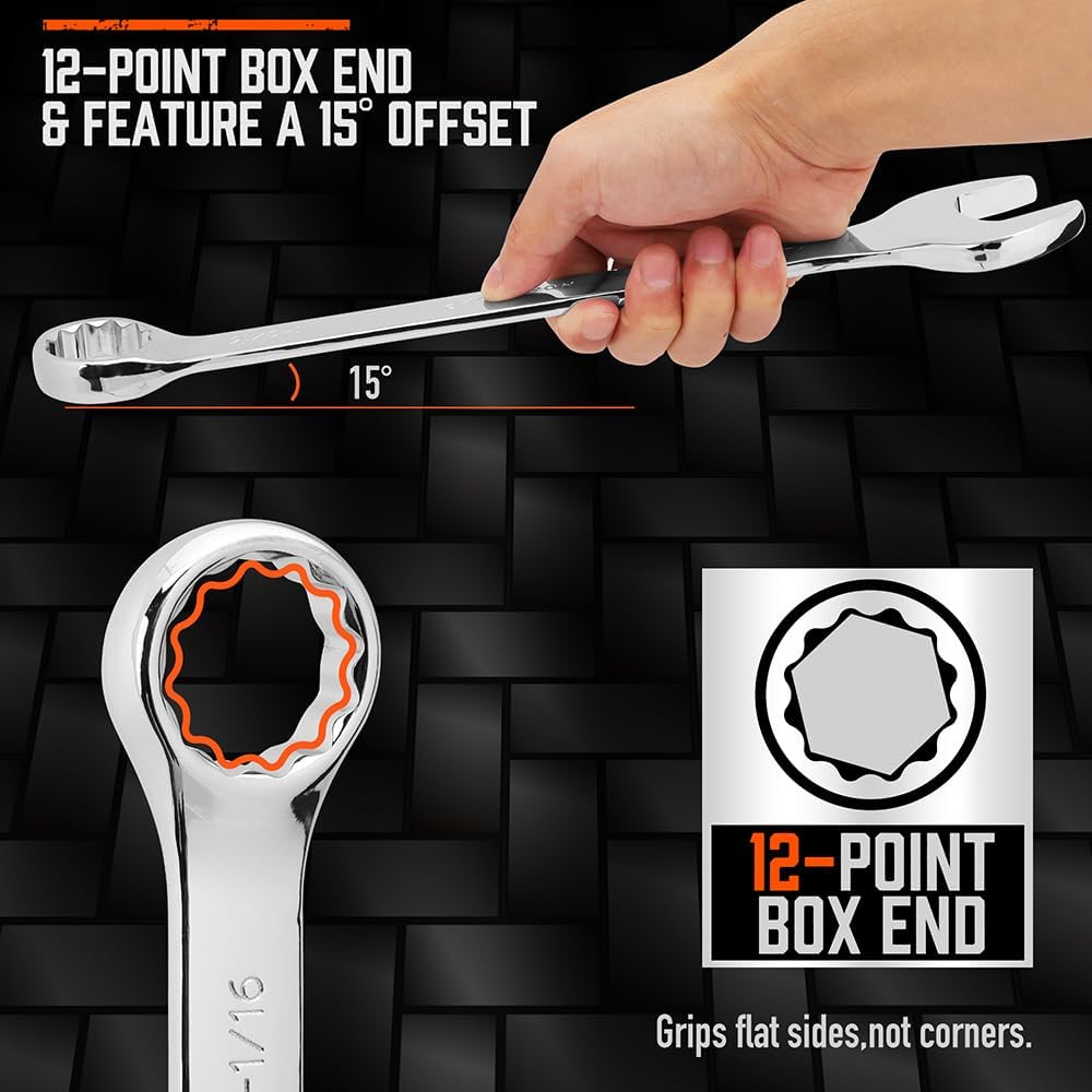HORUSDY SAE combination wrench set with 6 large sizes, 12-point box end, polished CR-V steel, and roll-up storage pouch