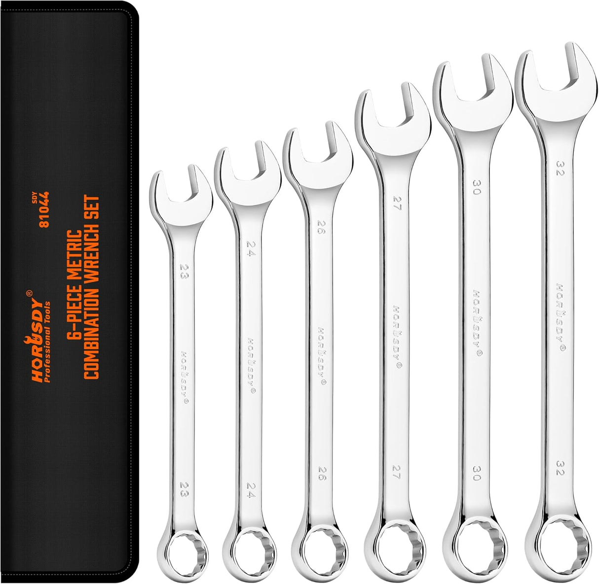 HORUSDY 6-piece long pattern metric combination wrench set with CR-V steel and 12-point box end, sizes 23mm to 32mm
