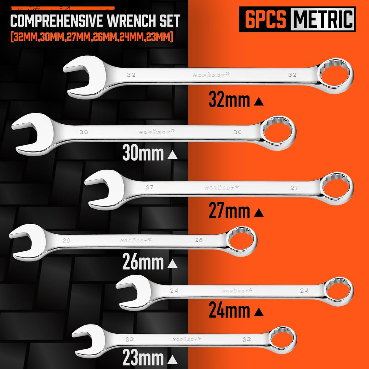 HORUSDY 6-piece long pattern metric combination wrench set with CR-V steel and 12-point box end, sizes 23mm to 32mm