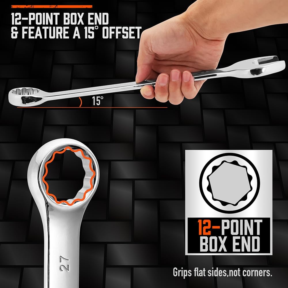 HORUSDY 6-piece long pattern metric combination wrench set with CR-V steel and 12-point box end, sizes 23mm to 32mm