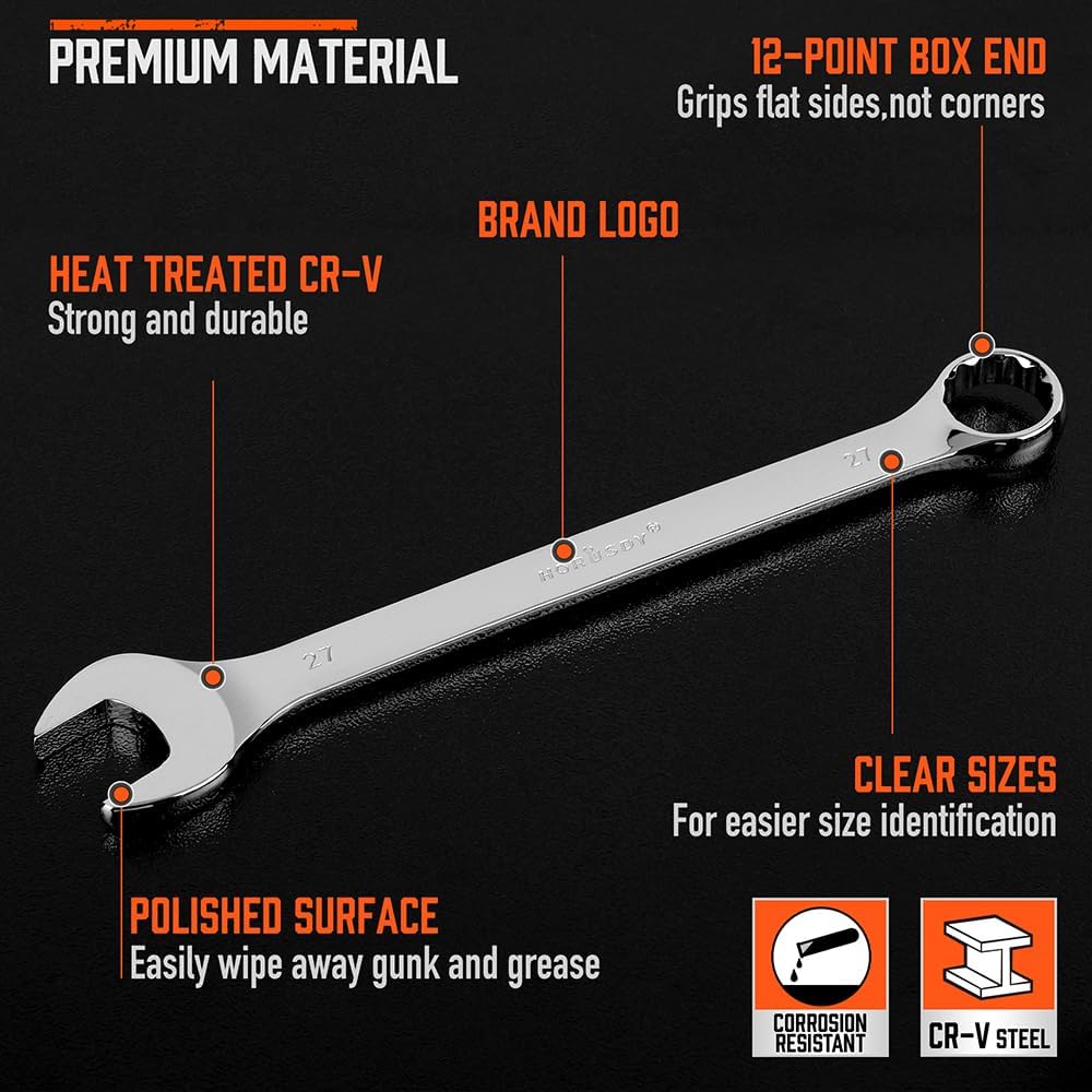 HORUSDY 6-piece long pattern metric combination wrench set with CR-V steel and 12-point box end, sizes 23mm to 32mm