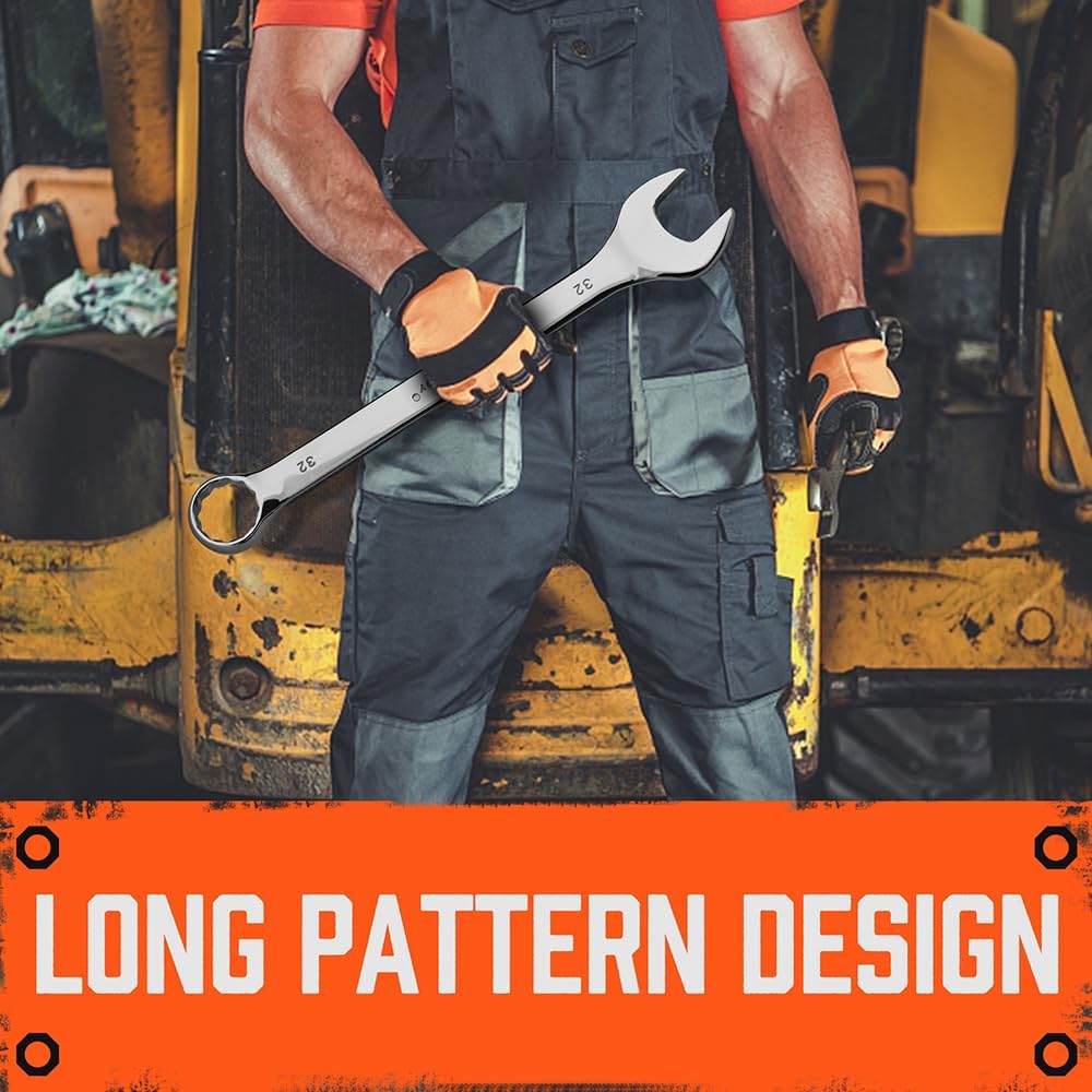 HORUSDY 6-piece long pattern metric combination wrench set with CR-V steel and 12-point box end, sizes 23mm to 32mm