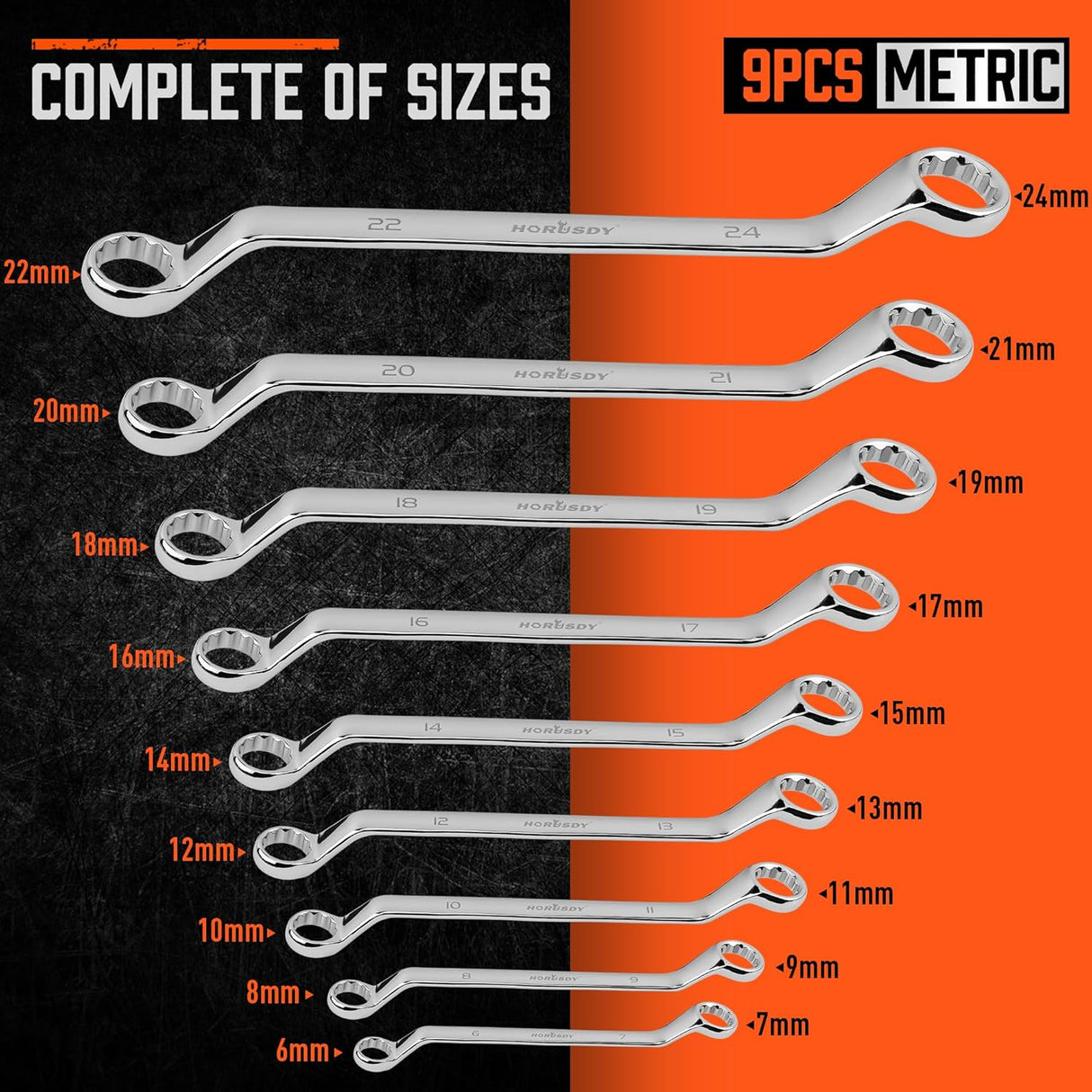 HORUSDY 9-piece metric box wrench set with mirror polish, 75-degree offset, and organized roll pouch