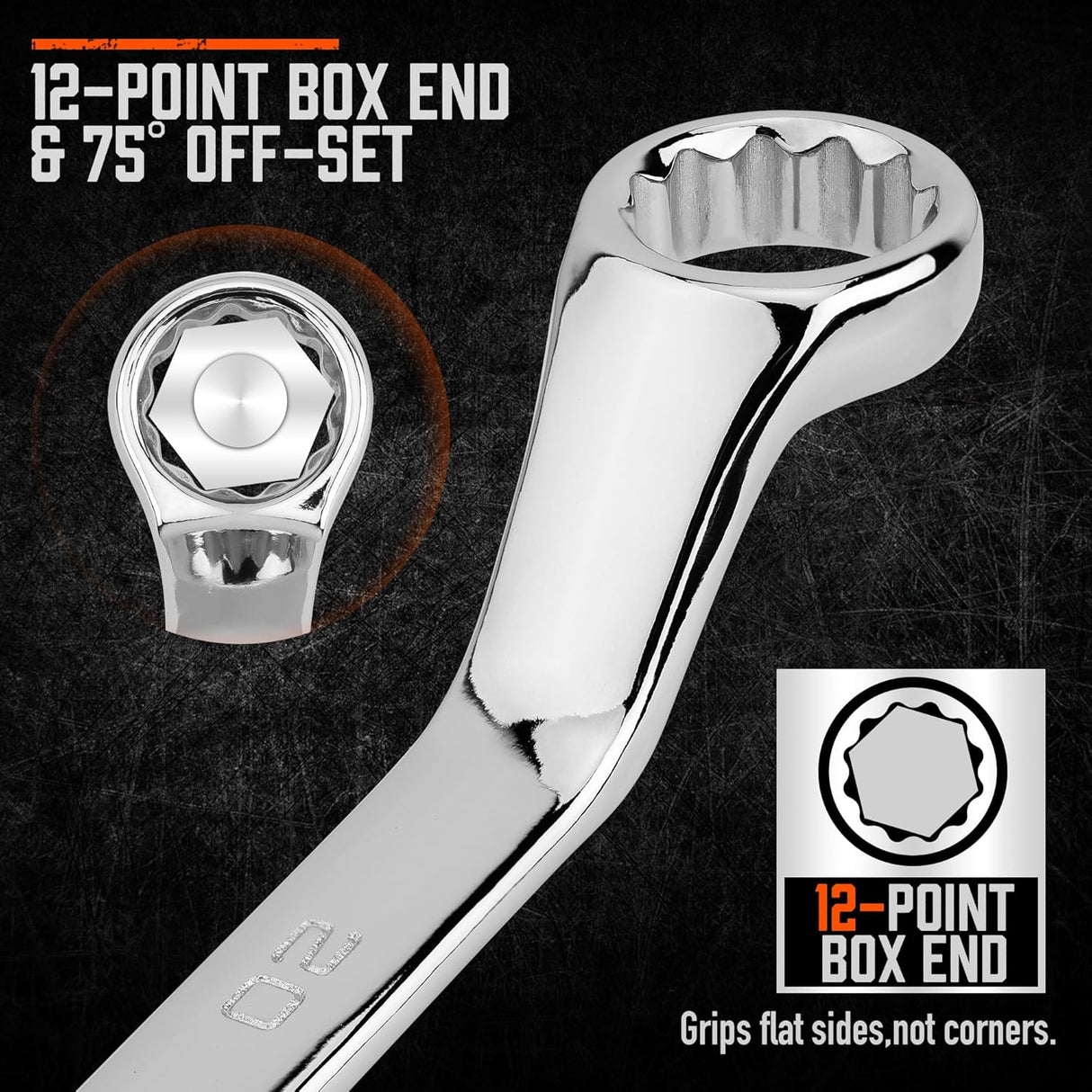 HORUSDY 9-piece metric box wrench set with mirror polish, 75-degree offset, and organized roll pouch