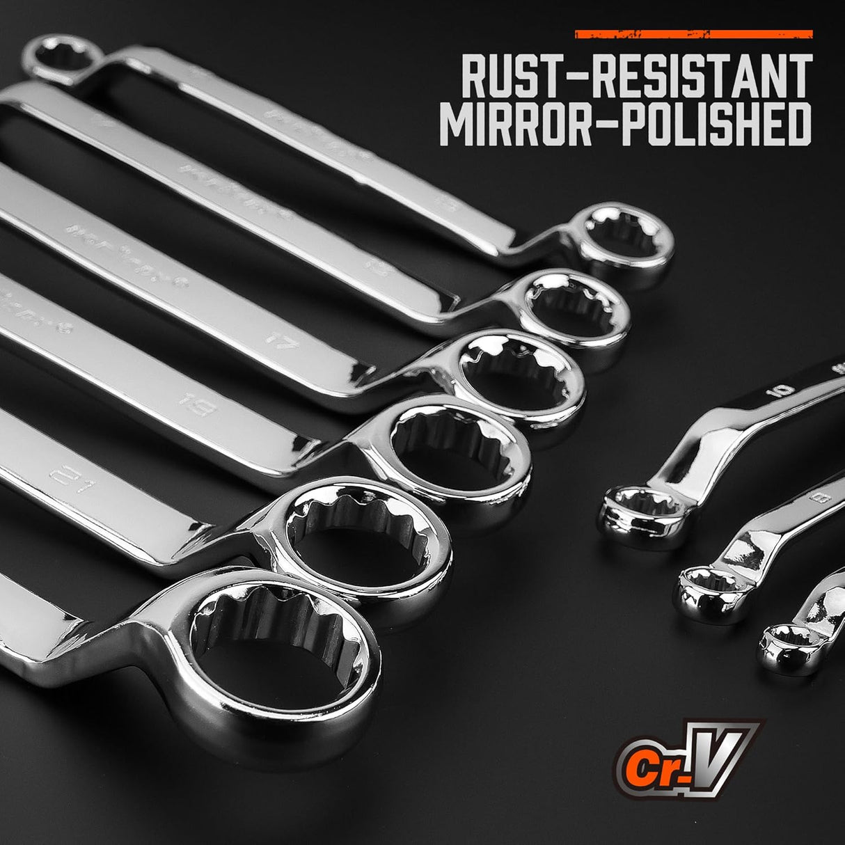 HORUSDY 9-piece metric box wrench set with mirror polish, 75-degree offset, and organized roll pouch