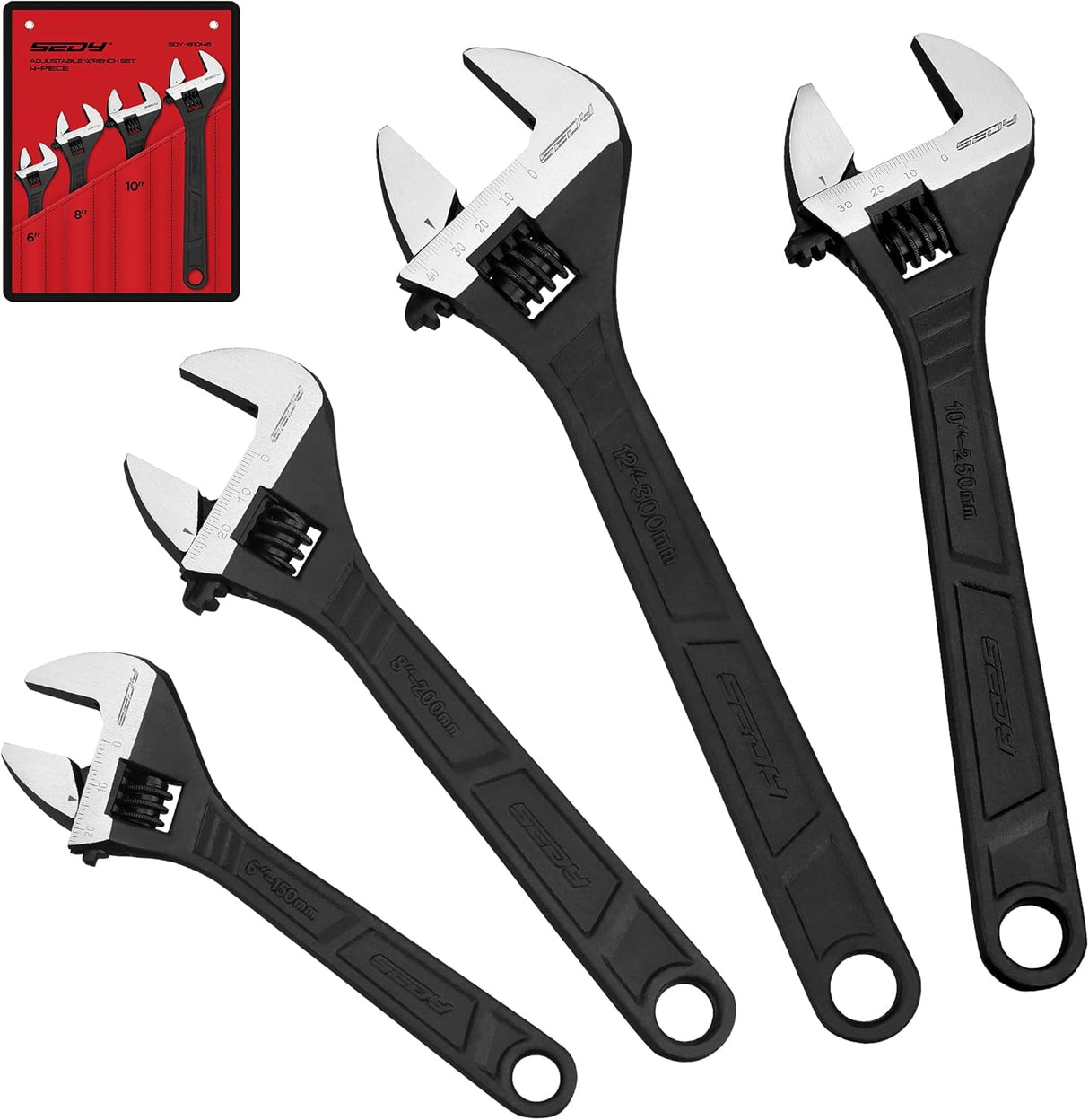 SEDY 4PCS Adjustable Wrench Set in CR-V steel with laser-etched scales, ergonomic handle, 6", 8", 10", and 12" sizes, ideal for various tasks