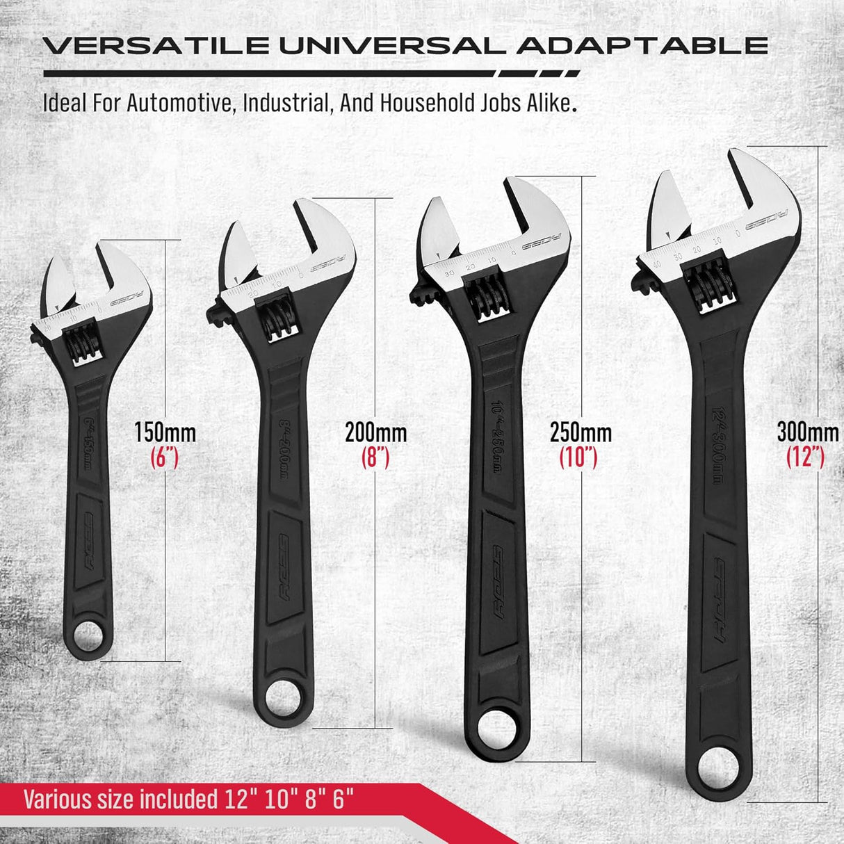 SEDY 4PCS Adjustable Wrench Set in CR-V steel with laser-etched scales, ergonomic handle, 6", 8", 10", and 12" sizes, ideal for various tasks