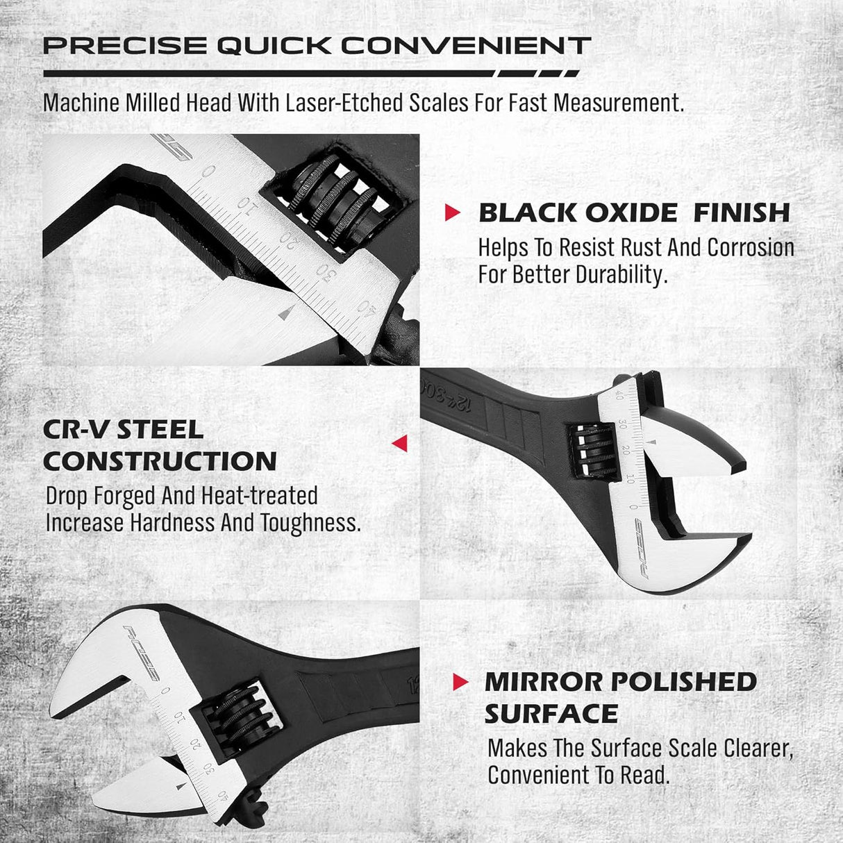 SEDY 4PCS Adjustable Wrench Set in CR-V steel with laser-etched scales, ergonomic handle, 6", 8", 10", and 12" sizes, ideal for various tasks