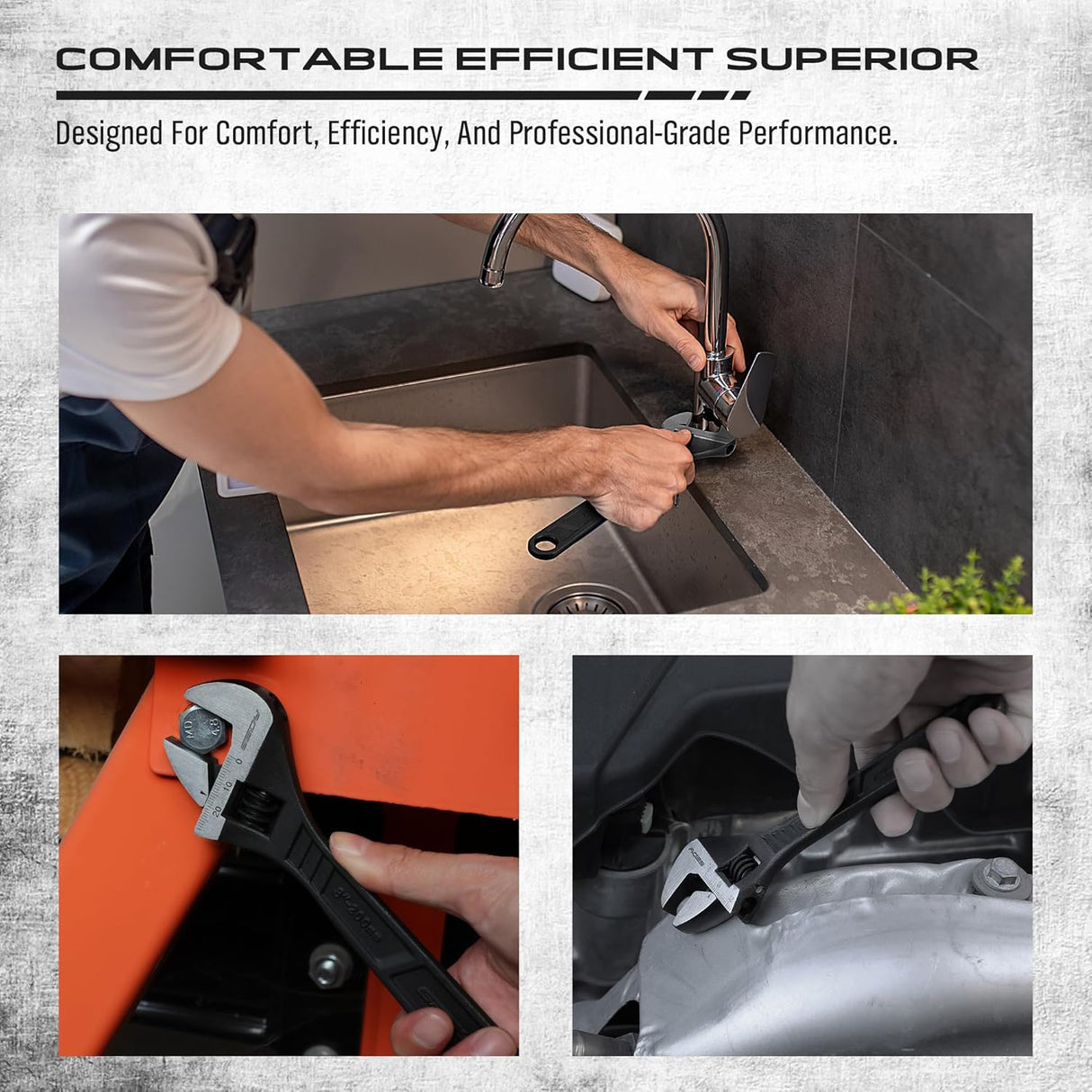 SEDY 4PCS Adjustable Wrench Set in CR-V steel with laser-etched scales, ergonomic handle, 6", 8", 10", and 12" sizes, ideal for various tasks