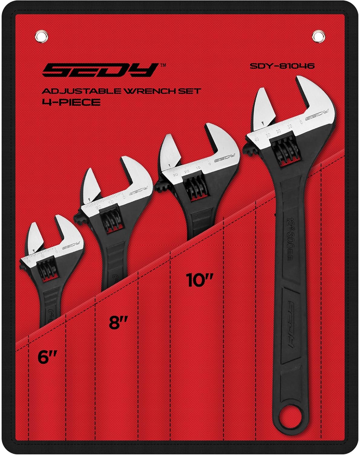 SEDY 4PCS Adjustable Wrench Set in CR-V steel with laser-etched scales, ergonomic handle, 6", 8", 10", and 12" sizes, ideal for various tasks