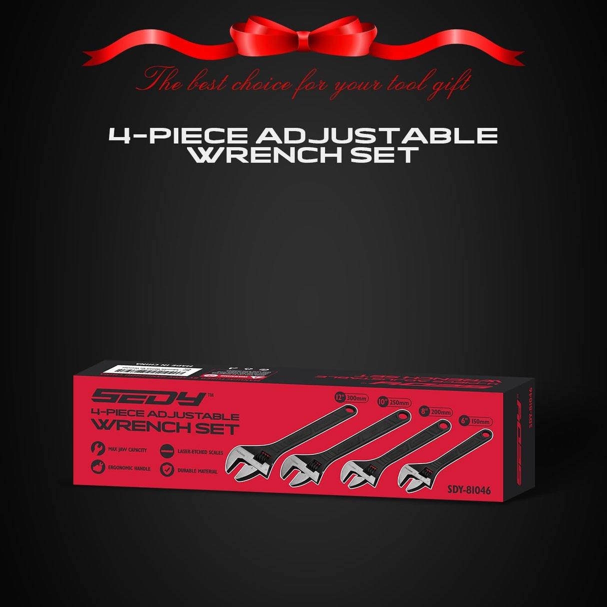 SEDY 4PCS Adjustable Wrench Set in CR-V steel with laser-etched scales, ergonomic handle, 6", 8", 10", and 12" sizes, ideal for various tasks