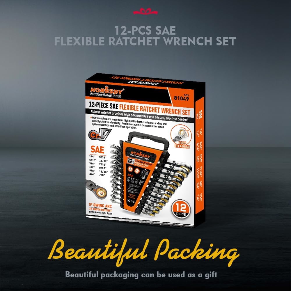 HORUSDY 12-piece SAE flex-head ratcheting wrench set with 72-tooth mechanism, CR-V steel, and storage organizer tray