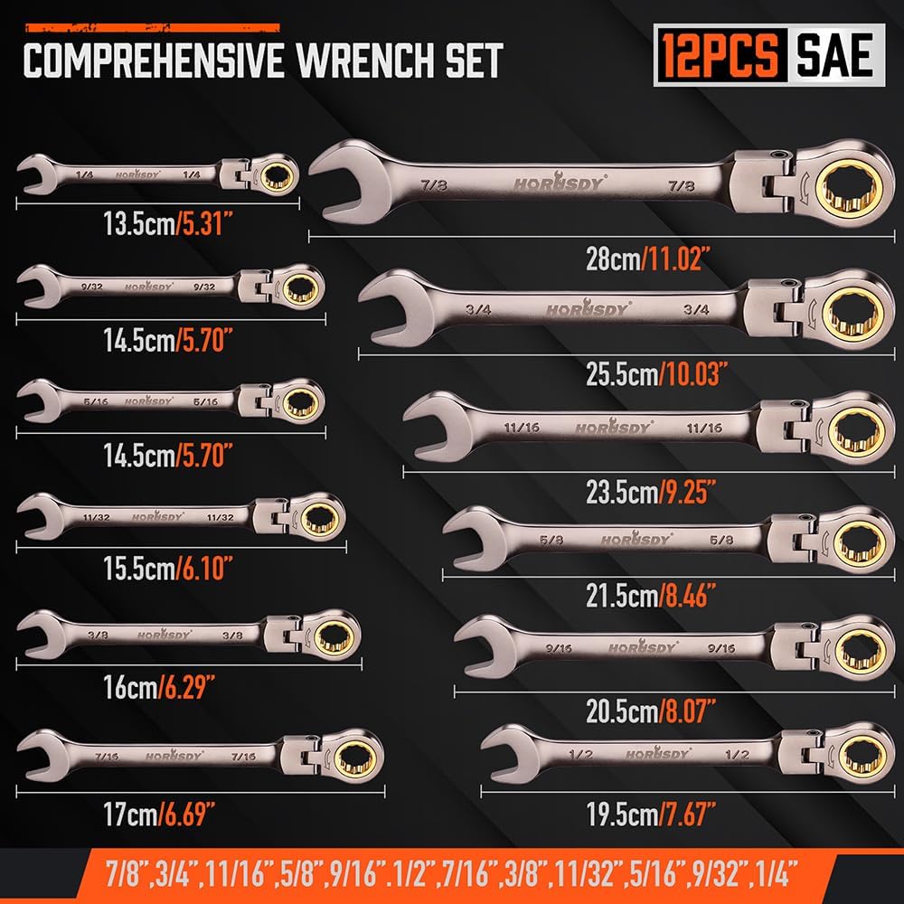 HORUSDY 12-piece SAE flex-head ratcheting wrench set with 72-tooth mechanism, CR-V steel, and storage organizer tray