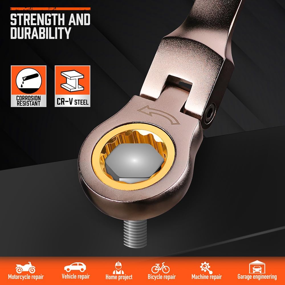 HORUSDY 12-piece SAE flex-head ratcheting wrench set with 72-tooth mechanism, CR-V steel, and storage organizer tray