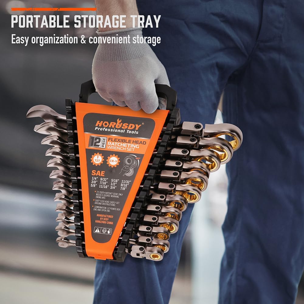 HORUSDY 12-piece SAE flex-head ratcheting wrench set with 72-tooth mechanism, CR-V steel, and storage organizer tray
