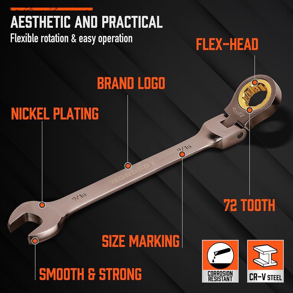 HORUSDY 12-piece SAE flex-head ratcheting wrench set with 72-tooth mechanism, CR-V steel, and storage organizer tray