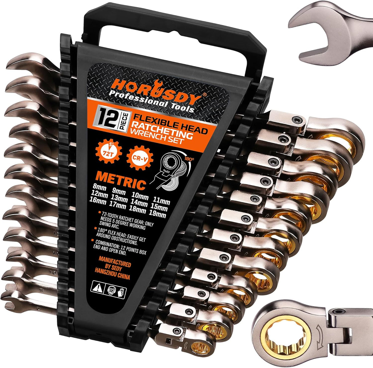 HORUSDY 12-piece metric flex-head ratcheting wrench set with 72-tooth design and storage tray for automotive and mechanical repairs
