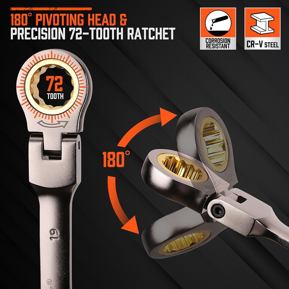 HORUSDY 12-piece metric flex-head ratcheting wrench set with 72-tooth design and storage tray for automotive and mechanical repairs