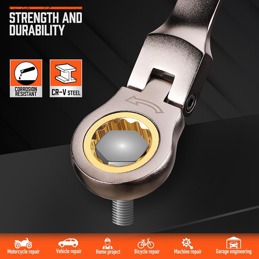 HORUSDY 12-piece metric flex-head ratcheting wrench set with 72-tooth design and storage tray for automotive and mechanical repairs