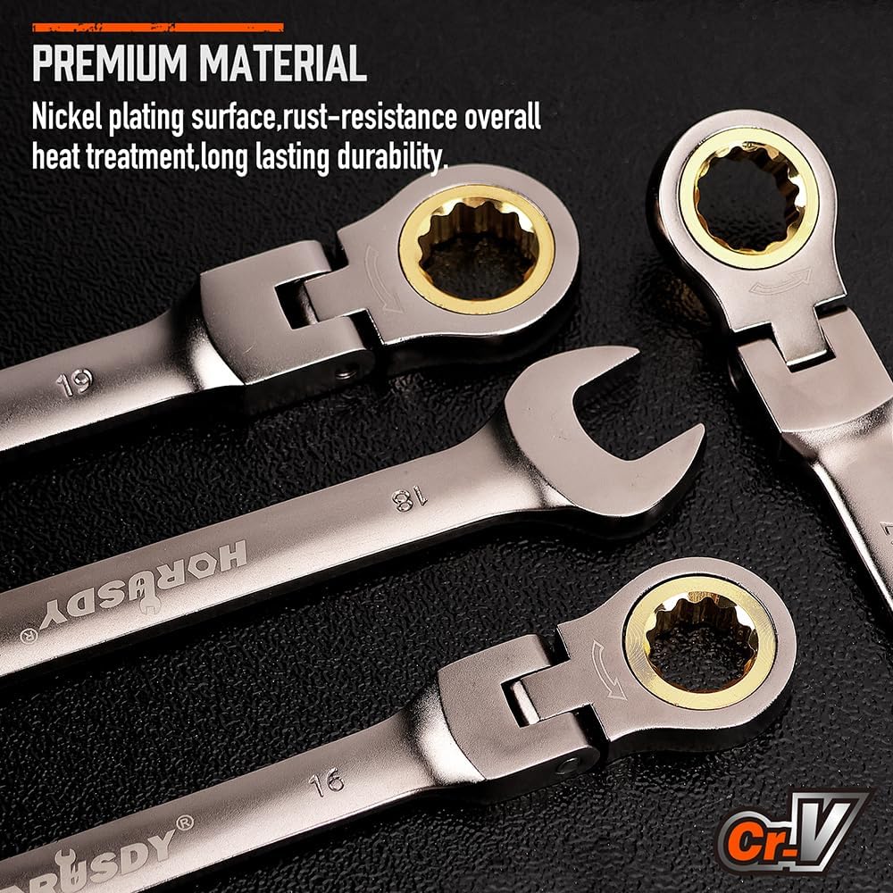 HORUSDY 12-piece metric flex-head ratcheting wrench set with 72-tooth design and storage tray for automotive and mechanical repairs