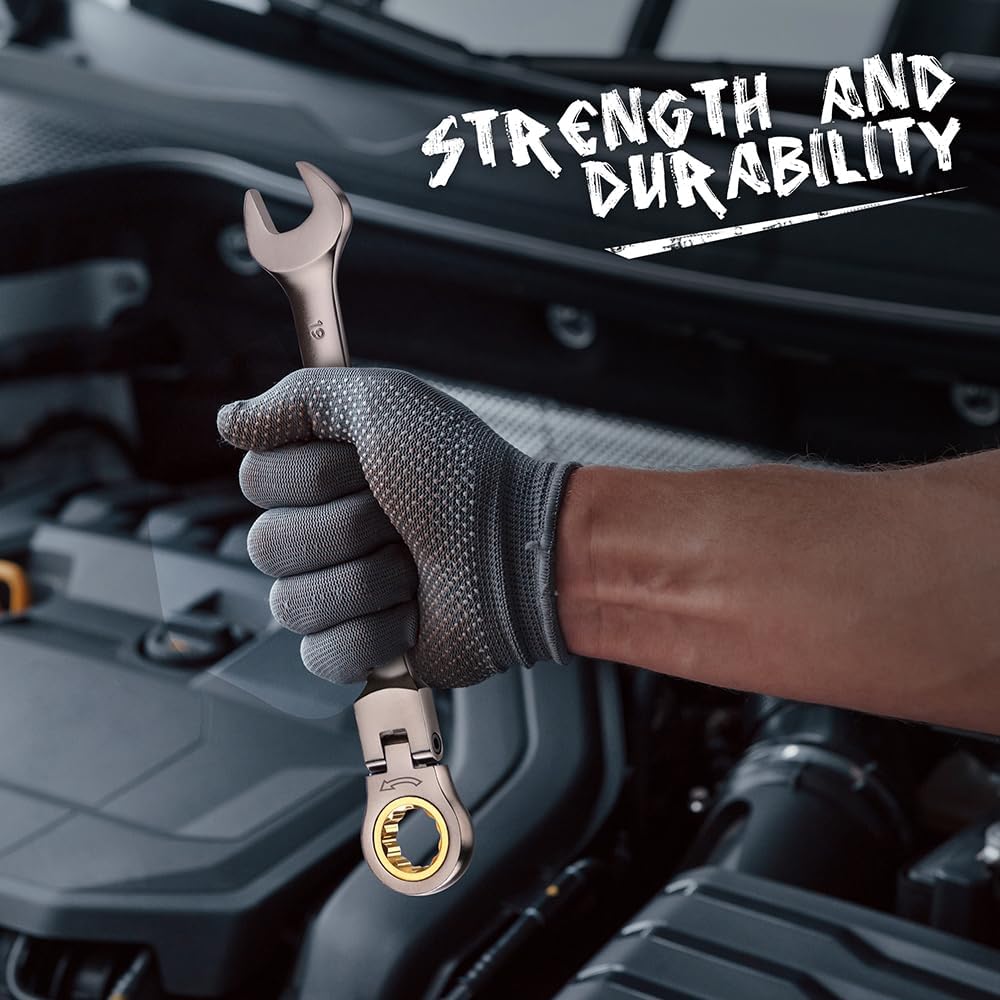 HORUSDY 12-piece metric flex-head ratcheting wrench set with 72-tooth design and storage tray for automotive and mechanical repairs