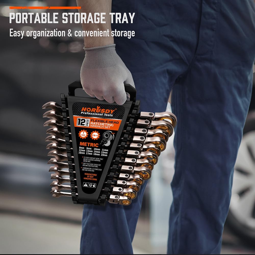 HORUSDY 12-piece metric flex-head ratcheting wrench set with 72-tooth design and storage tray for automotive and mechanical repairs