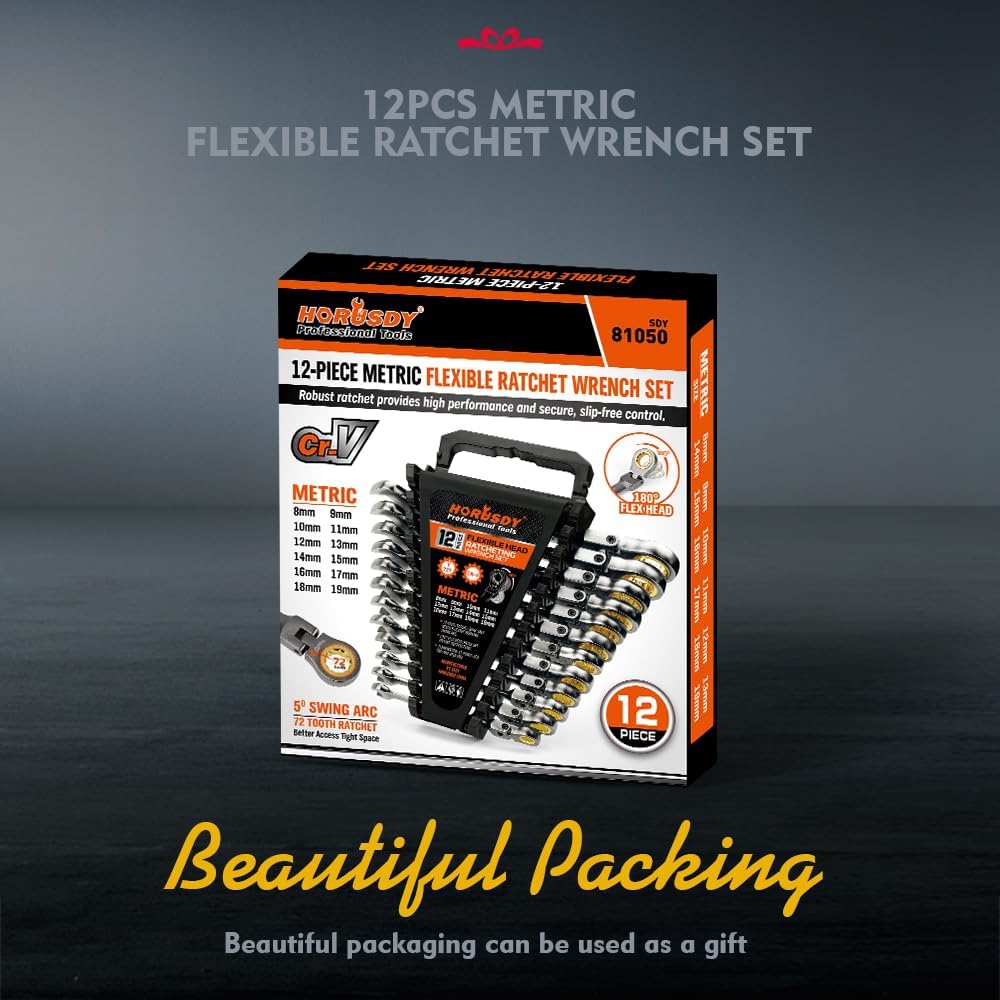 HORUSDY 12-piece metric flex-head ratcheting wrench set with 72-tooth design and storage tray for automotive and mechanical repairs