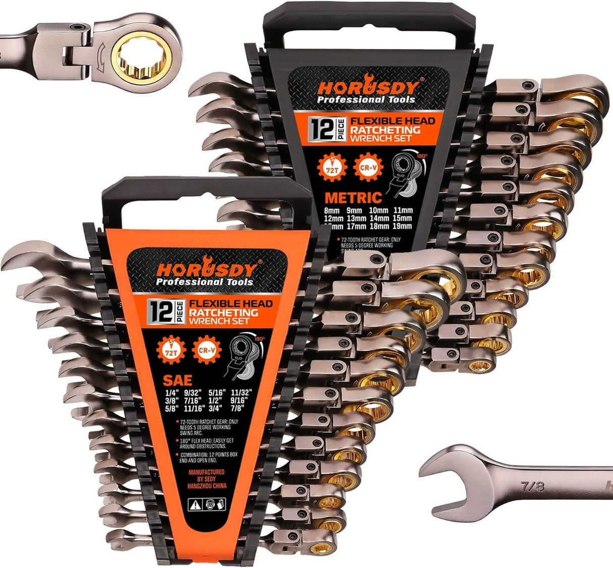 HORUSDY 24-piece flex-head ratcheting wrench set with both metric and SAE sizes, 72-tooth CR-V steel design and organizer case