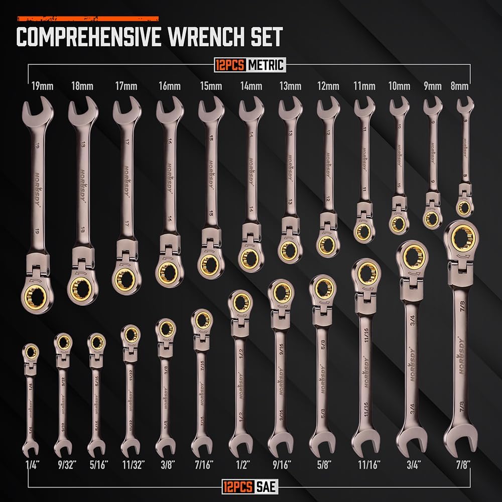 HORUSDY 24-piece flex-head ratcheting wrench set with both metric and SAE sizes, 72-tooth CR-V steel design and organizer case