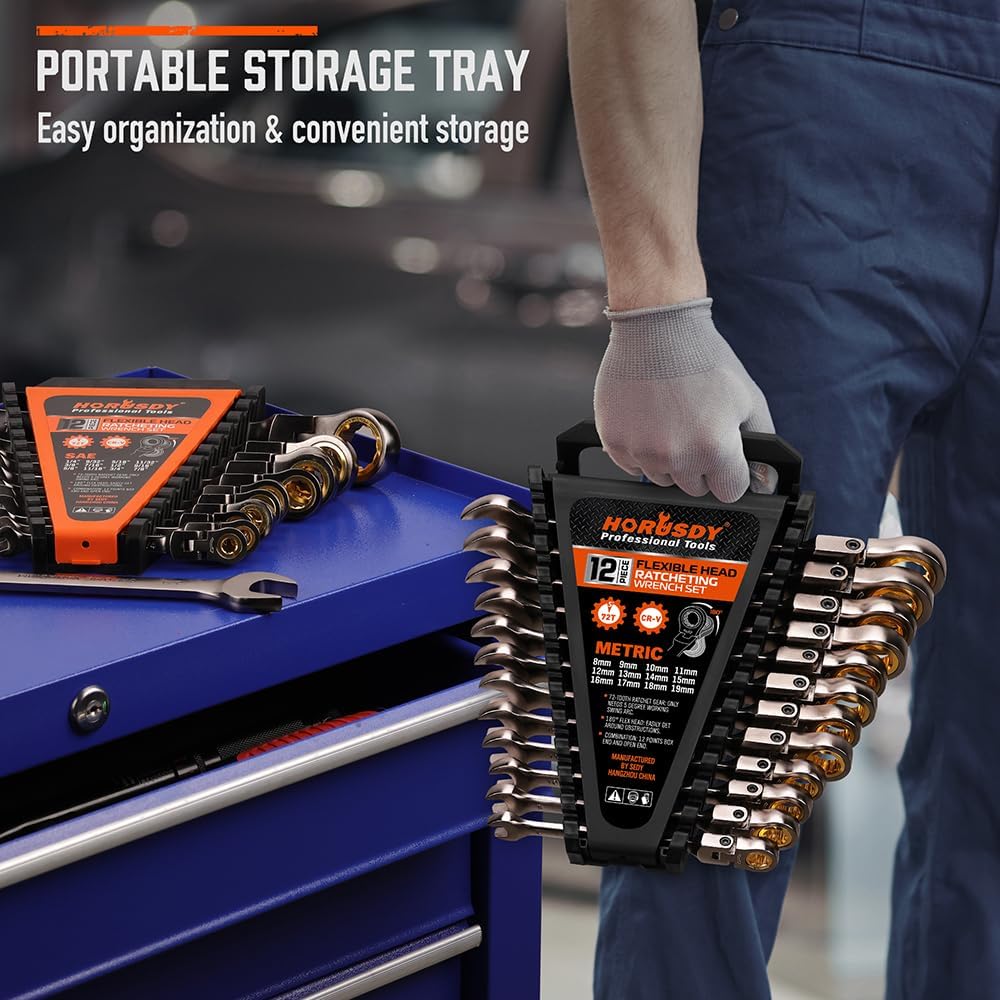 HORUSDY 24-piece flex-head ratcheting wrench set with both metric and SAE sizes, 72-tooth CR-V steel design and organizer case