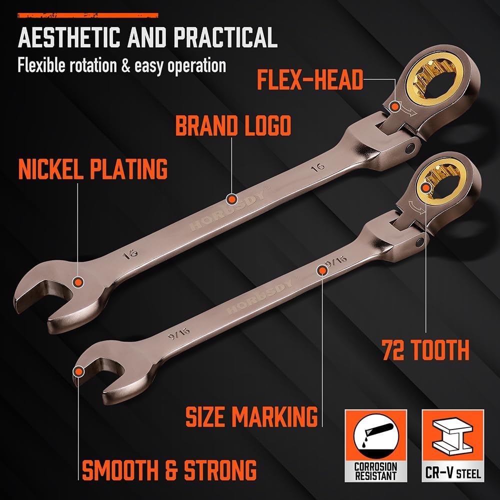 HORUSDY 24-piece flex-head ratcheting wrench set with both metric and SAE sizes, 72-tooth CR-V steel design and organizer case