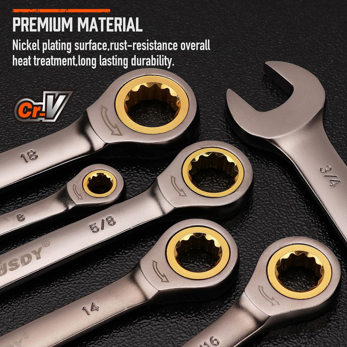 HORUSDY 24-piece ratcheting wrench set with SAE and metric sizes, CR-V steel, 72-tooth gear, and portable organizer tray