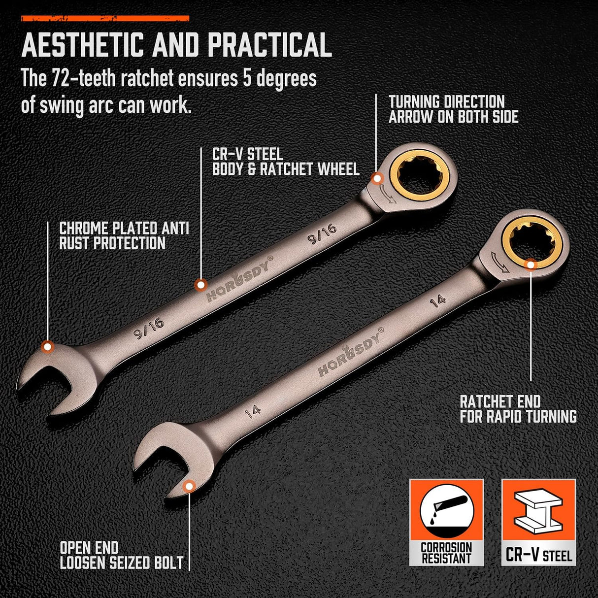 HORUSDY 24-piece ratcheting wrench set with SAE and metric sizes, CR-V steel, 72-tooth gear, and portable organizer tray