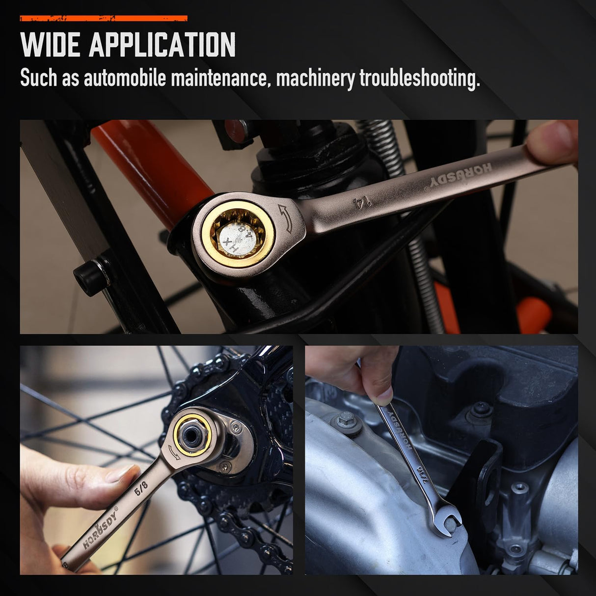 HORUSDY 24-piece ratcheting wrench set with SAE and metric sizes, CR-V steel, 72-tooth gear, and portable organizer tray