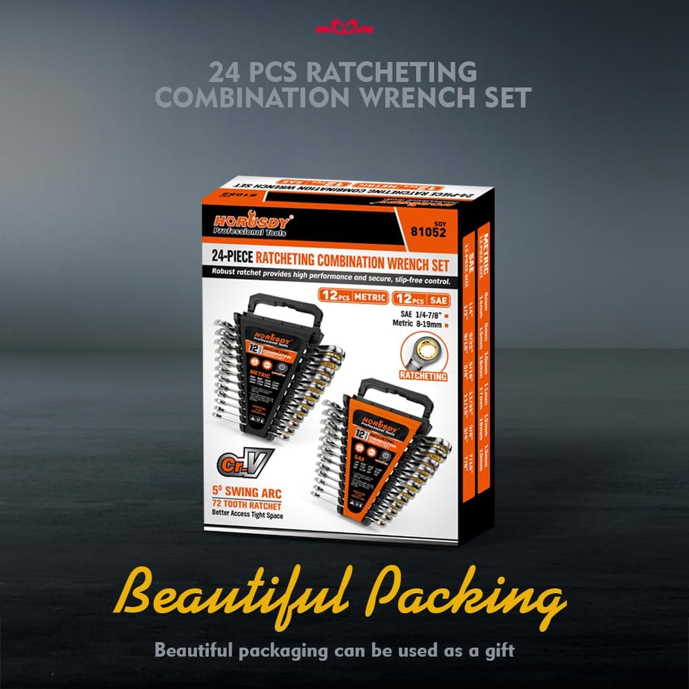 HORUSDY 24-piece ratcheting wrench set with SAE and metric sizes, CR-V steel, 72-tooth gear, and portable organizer tray