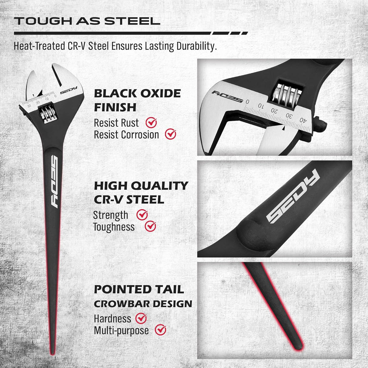HORUSDY 3-Piece Adjustable Spud Wrench Set with 10", 12", 16" sizes, SAE & Metric scale markings, made from CR-V steel with a black oxide finish for enhanced durability.