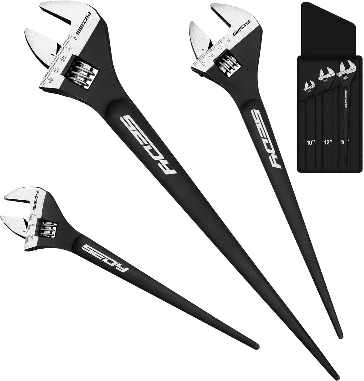 HORUSDY 3-Piece Adjustable Spud Wrench Set with 10", 12", 16" sizes, SAE & Metric scale markings, made from CR-V steel with a black oxide finish for enhanced durability.