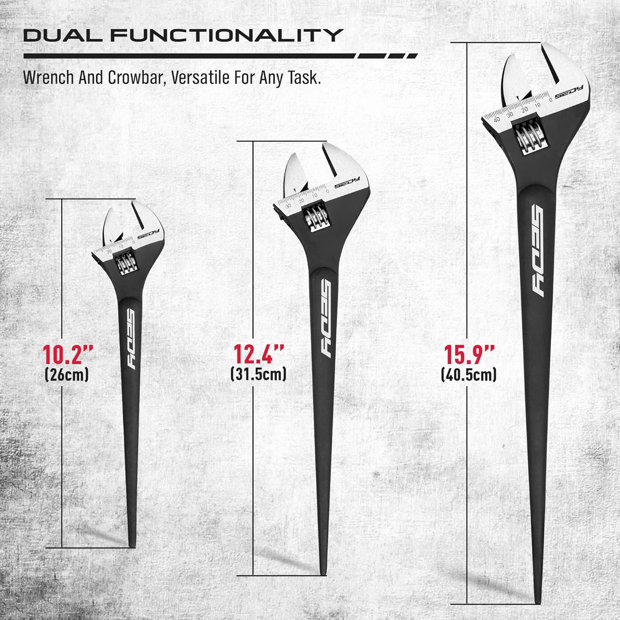 HORUSDY 3-Piece Adjustable Spud Wrench Set with 10", 12", 16" sizes, SAE & Metric scale markings, made from CR-V steel with a black oxide finish for enhanced durability.