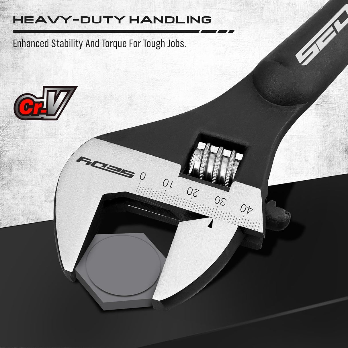 HORUSDY 3-Piece Adjustable Spud Wrench Set with 10", 12", 16" sizes, SAE & Metric scale markings, made from CR-V steel with a black oxide finish for enhanced durability.